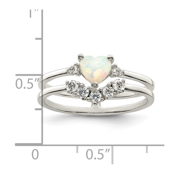 925 Sterling Silver CZ & Heart Created White Opal Double Band Ring - Picture 3 of 5